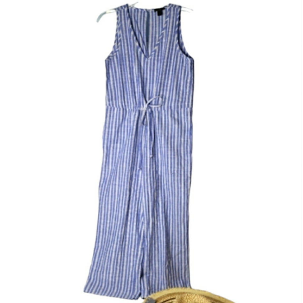 Anthropologie Linen Blend Jumpsuit S Coastal Nautical V-Neck Drawstring Cropped